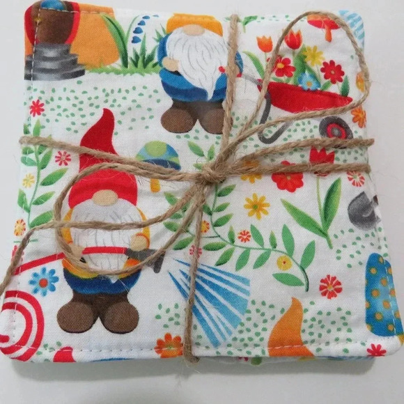 Fabric Coasters, Set Of 4, Reversible Gnomes and Blue Gingham - Picture 3 of 5